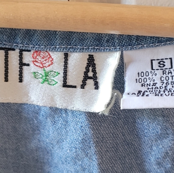 IFTLA Vintage Blue Denim and Floral V Neck Jumper Dress Size Small Cottage Core - Picture 4 of 4